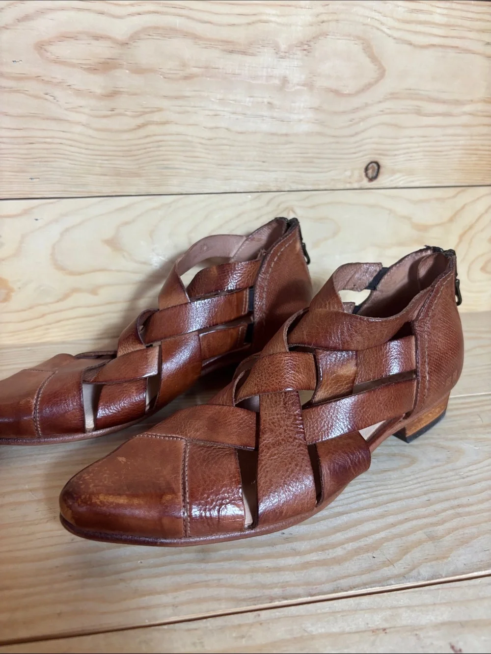 Bed Stu Brittany woven brown leather booties size 7